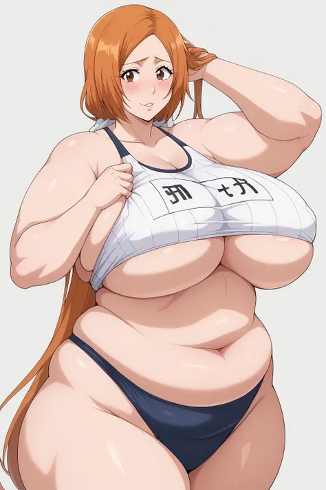 inoue orihime, Orihime Inoue, milf, 40 years old,  long hair,  orange hair,  (brown eyes),low ponytail, Im tying my hair to one at the back,White scrunchie,  dark blue school swimsuit, score_9,  score_8_ up,  score_7_ up,  score_6_ up,  score_5_ up,  score...