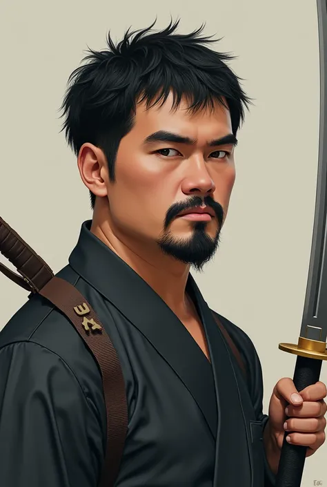 The color of Japanese mens hair is black 、 is short hair, fade finish, short beard from raised to chin, chubby figure, round face shape, and a sword with the letters WAM in it