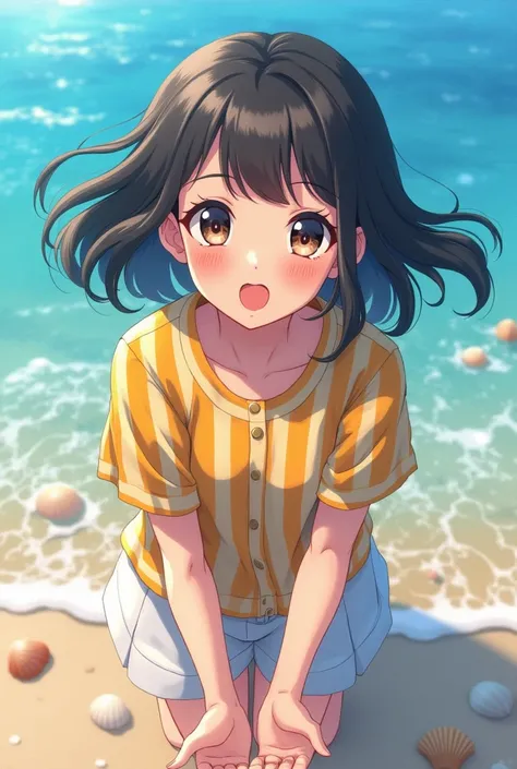 Seductively the most beautiful girl of all time 、A girl in anime style,  Beautiful Hair and Big Shining Eyes ,  Cute Fun Expressions  ,Good move、Beautiful hands、A girl wearing a striped shirt and shorts is picking up seashells at the seaside。The background...