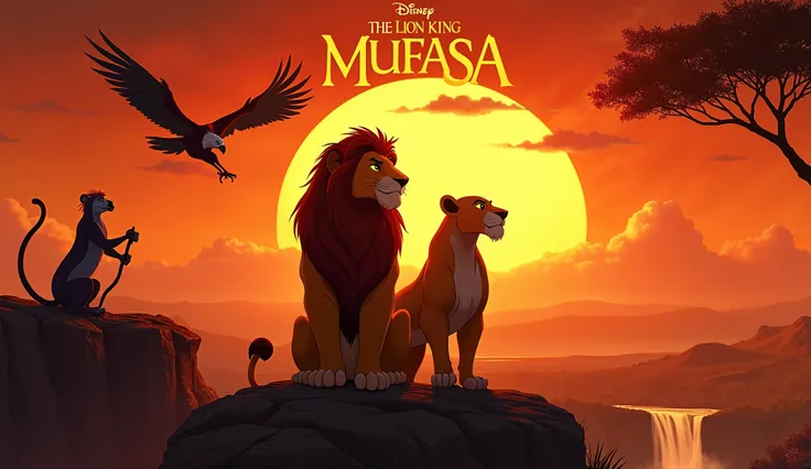 

"Create a cinematic and dramatic thumbnail inspired by Mufasa: The Lion King, featuring two middle-aged lions as the central focus. Position the lions prominently on a rocky outcrop in the foreground, their faces showing signs of maturity and wisdom, wit...