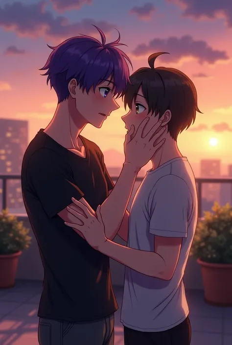 "A romantic scene on a rooftop terrace during a serene evening, with a gentle breeze swirling through the air. Two young men stand close together, the moment charged with emotion. The man with vibrant purple hair and matching purple eyes leans in unexpecte...