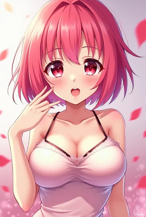 
{{{anime-coloring}}} 
girls 
pink hair 
shortness 
Eye color is red 
large breasts 
Wearing a camisole 
Clothes are transparent 
young girl