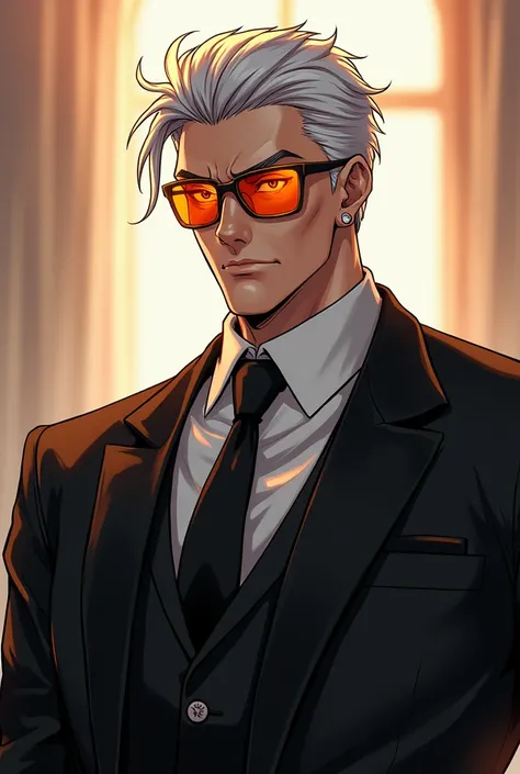  A man in an elegant black suit with a white shirt and a black tie ,  with orange pilot glasses that give the impression of shining and making his eyes invisible, who is perceived in a masculine way ,  with the thick build of an anime-style fighter , white...