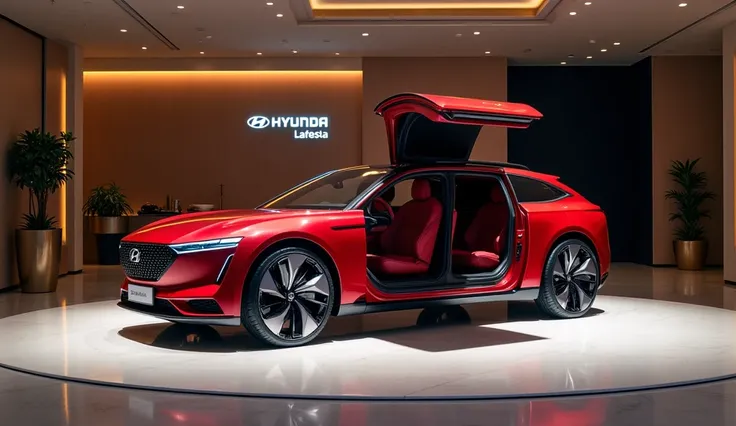 "A luxurious vehicle red color 2025 Hyundai Lafesta displayed at the center of a grand showroom stage, with its doors open to reveal an elegant interior. The hyundai is prominently illuminated on the wall behind the vehicle in modern, sleek lettering. The ...