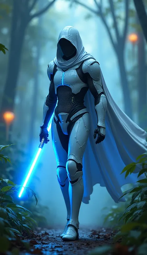 Neon Jungle Sentinel: "A futuristic knight in ultra-modern, white metallic armor with luminous blue highlights and a flowing high-tech hooded cape. Walking forward through a glowing jungle filled with bioluminescent foliage and mist, the knight carries a g...