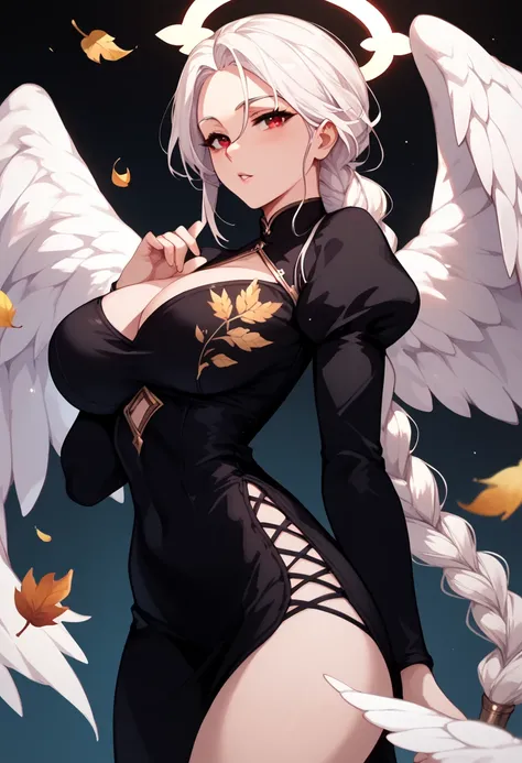 Woman, white hair, braided ponytail, Black dress with golden leaves print Neckline , Red eyes ,Big breasts,Six large angel wings,