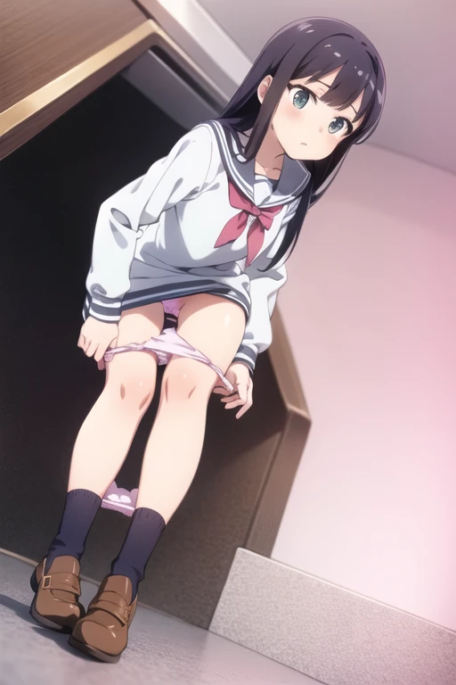 panty down to knees, panty pulling, crotch view, anime girl, low angle, cute, 