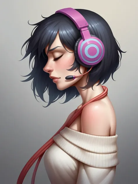  naive art , thick brush strokes , texture,REALISTIC LIGHTS AND SHADOWS ,  Vivid ,  top quality , masterpiece, profile.  upper body shot.  HER HAS OVERSIZED ,  thick white sweater .  cable knit.  listening to music with headphones,Drop your shoulders.  her...