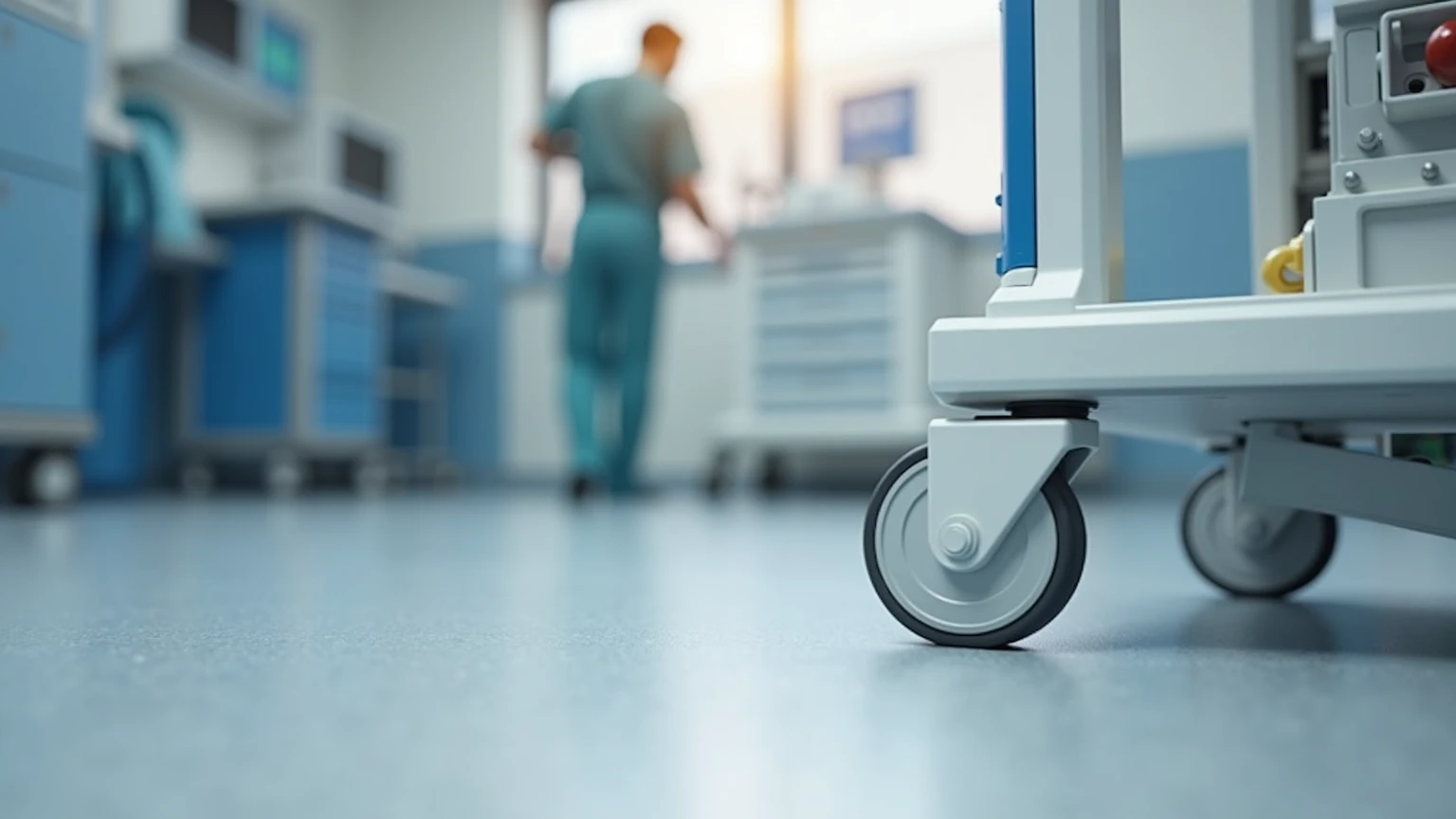 A close-up, detailed image of a floor lock mechanism on a healthcare cart in a hospital setting. The cart is stationary, with the lock engaged, and medical equipment visible on the cart. The background subtly shows a clinical environment, reinforcing the a...