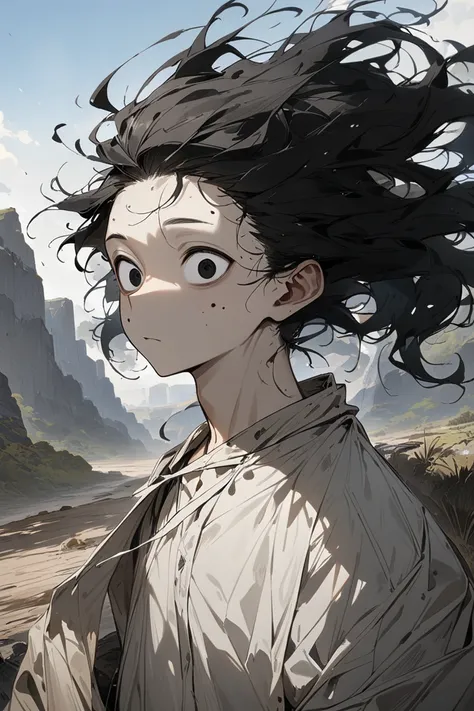 1 guy , male focus, light skin, round big eyes, black mole on left cheek, pony tail hair,skinny,outdoors, (masterpiece), (best quality), (ultra-detailed), very aesthetic, illustration, disheveled hair, perfect composition, 