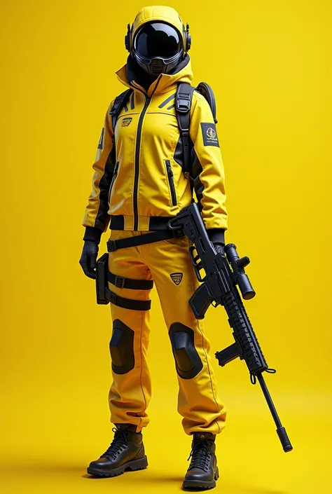 a woman in yellow tracksuit holding a rifle and a gun, energetic varia suit, yellow battlefield theme, elegant yellow skin, yellow overall, yellow space suit, black and yellow tracksuit, ingame image, female outfit, full body shot hyperdetailed, holding a ...