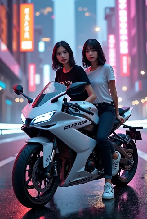  Featuring beautiful Thai girls wearing black and white casual shirts , black jeans , shoulder-length black hair model riding white ninja sport motorcycle kora cypunk background ,daytime suasa 