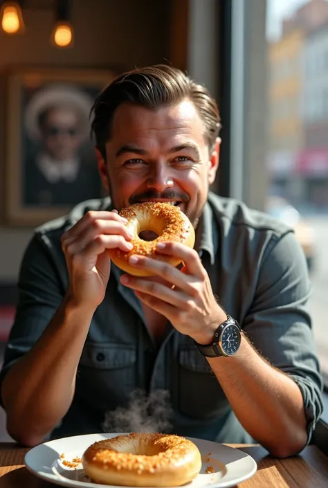 Leonardo Dicaprio eating a bagel