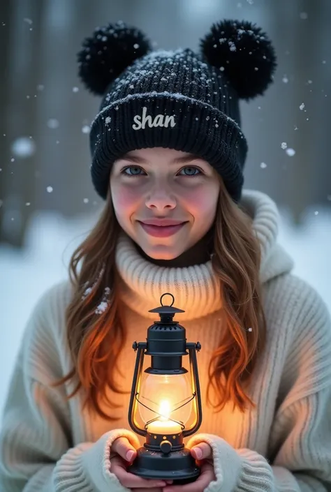 "A winter-themed portrait featuring a young man outdoors, radiating a serene and warm vibe. He is dressed in a cozy white sweater and a matching black beanie with shan embroidered on it, adorned with two pom-poms.he holds a glowing vintage lantern in his h...