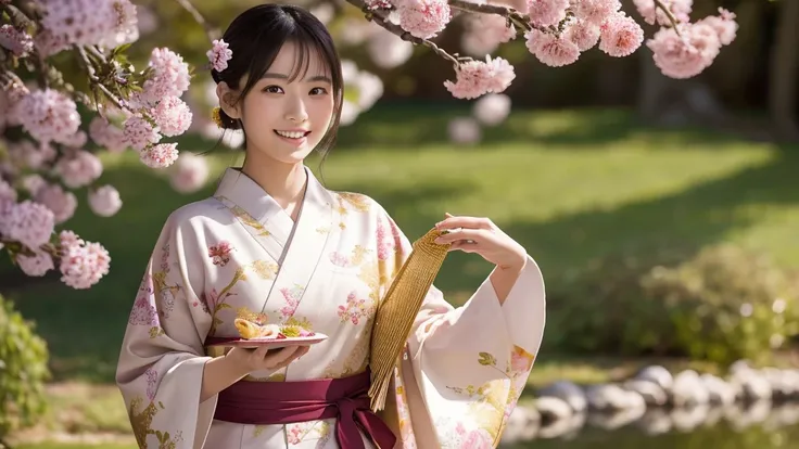 8k, RAW photo, best quality, masterpiece:1.2), (realistic, photo-realistic:1.4), (extremely detailed 8k wallpaper).A young Japanese woman in a golden kimono with plum blossom designs, holding a kagami mochi (traditional rice cake) in both hands, standing b...