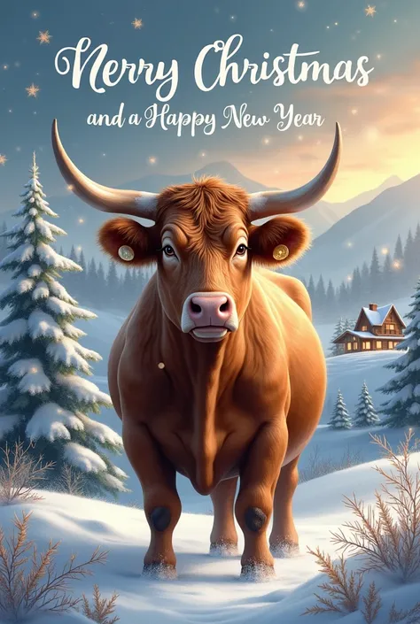 Christmas card with a message wishing a merry Christmas and a happy new year with a realistic cow 