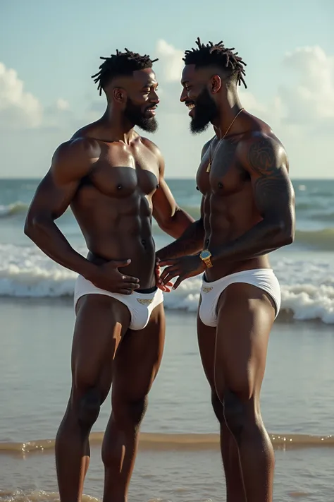 Create a picture of two men in a beach, THEY ARE BLACK, Are they wearing white underwear, one has their hand inside the others underwear, They both have tattoos and hair all over their bodies
What do you want to create?