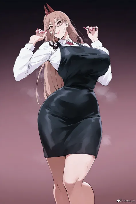 Power from the anime chainsaw man with big boobs very sweatys wearing a sexy teacher dress and looking to the camera with a naughty face and heavy breathing and sweating from hot