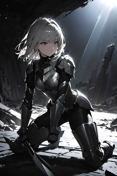 1 girl, (focused gaze), young adult, various hairstyles, (medium-length hair:1.2), (small breasts), athletic build, (wearing light armor:1.3), thigh high length, (on guard stance:1.4),  
BREAK  
abandoned ruins, (detecting enemy presence:1.3), (dark figure...