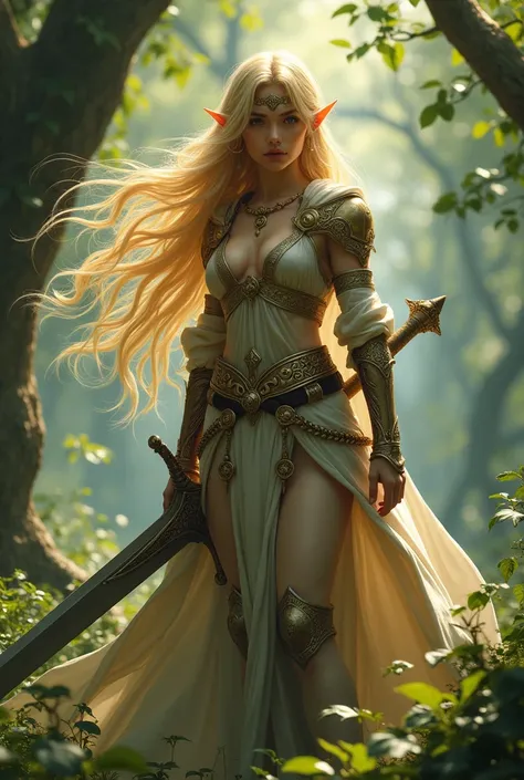 Golden-haired elf girl holding a big sword