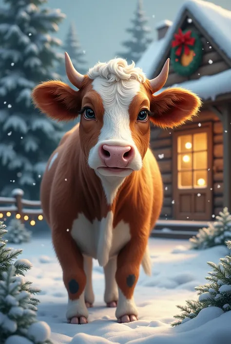 Christmas card with a realistic cow 