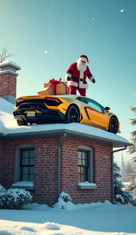 Create a whimsical and festive Christmas scene featuring Santa Claus dressed in his traditional red and white outfit on the roof of a snow-covered house. Santa is unloading gifts from a sleek, golden Lamborghini sports car precariously perched atop a brick chimney. The setting is a serene, wintery environment with a bright blue sky in the background, emphasizing the holiday cheer. Add realistic details such as snow on the roof, the car, and the chimney, and ensure the gifts in Santa’s sack are wrapped with red bows. The image should have a cinematic and vibrant look with soft lighting highlighting the snowy textures, the metallic shine of the Lamborghini, and the festive atmosphere.