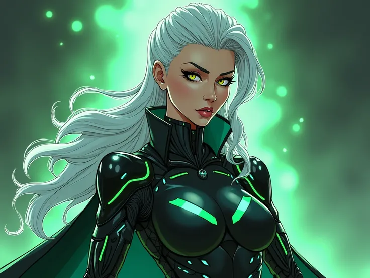 Create an anime-style image of a sexy old female villain inspired by sindel, but with a futuristic and cybernetic twist. Thundra m step mother is a tall, curvy character with a sharp, intense expression and wild, balck and white hair similar to sindels. Ha...