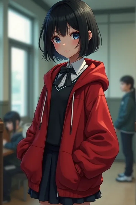  Create a girl with short black hair to the shoulders ,  blue eyes,  with a small mole on the left side of the eye ,  slim body, dressed in a schoolgirl skirt ,  a blouse close to the body and a big red hooded jacket.