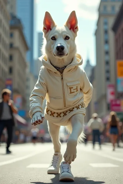 a strong female white dog, gucci skirt, white blouse, , white nike tenis, walking in the city