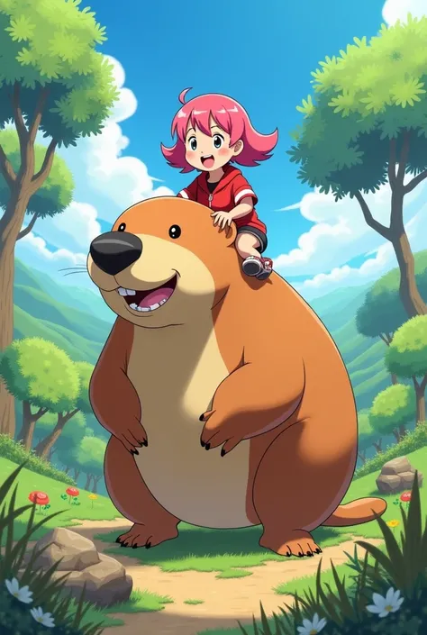 anya forger riding a capybara anime style