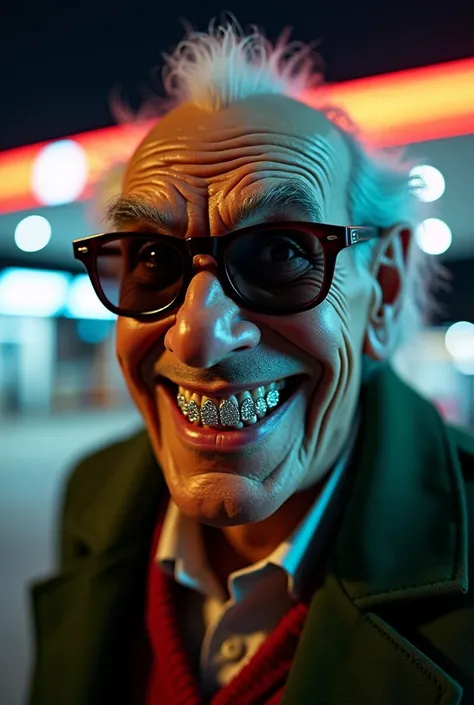 Up close picture of Ebenezer Scrooge smiling and wearing diamond grillz and sunglasses in front of a gas station at night