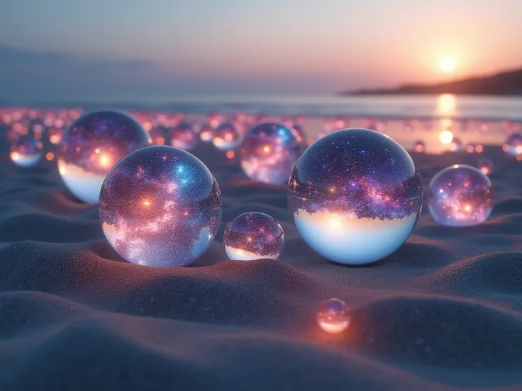 On a beach at dusk there are thousands of crystal balls and inside each one there is a galaxy