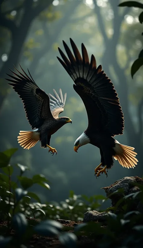 "A swift peregrine falcon clashes with a massive bald eagle in a dark, dense jungle setting. The falcons sleek form and sharp talons meet the eagles imposing wingspan and piercing gaze in a fierce battle. The foliage and shadows of the jungle create a dram...