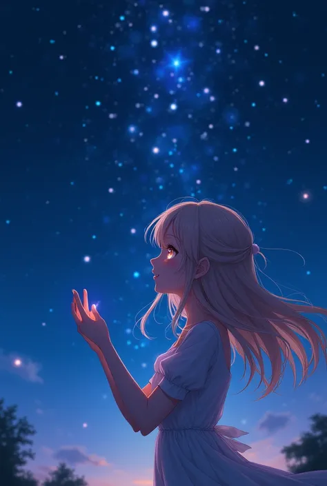 Seductively the most beautiful girl of all time 、A girl in anime style,  Beautiful Hair and Big Shining Eyes , Cute expression ,Good move、Beautiful hands、 is looking up at the starry sky