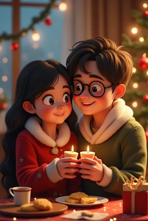 Chubby 25 year old woman wearing black hair glasses with 23 year old man wearing black hair glasses on Christmas Day