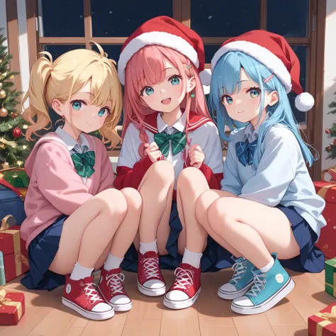 Create 3 girls wearing school uniforms , Converse tennis boots and Christmas hats on their heads