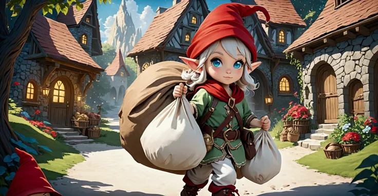 Mischievous gnome with a red hat and green shirt, carrying a sack full of stolen treasures. dark fantasy style
