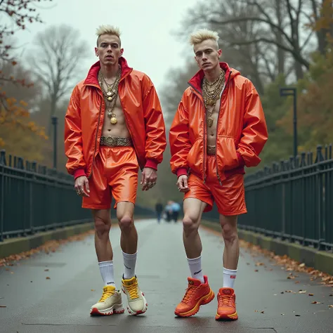 full length view, 2 different ugly white 40yo men looking highly retarded , hype-styled chav undercut short haircuts, in hype-styled shiny latex baggy shorts & jackets, crazy colored Balenciaga chunky sneakers, & long white sheer socks pulled up, dozens of...