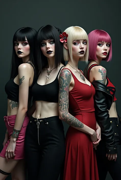  Create images of 4 women together , beautiful and sexy. A gothic, white,  with smooth black hair and fringe ,  with eyeshadow and black lipstick ,  cropped and black skirt and black skirt and black skirt Gothic ,  including tattoos .  The second a cute bl...