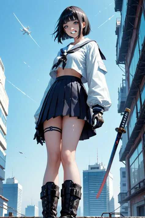  in a futuristic city on a vibrant neon night 、 A determined high school girl in a summer sailor suit is standing on the roof of a skyscraper 。She has a large shiny katana in her left hand, 、 her blade reflects the citys colorful light 。 high-rise holograp...