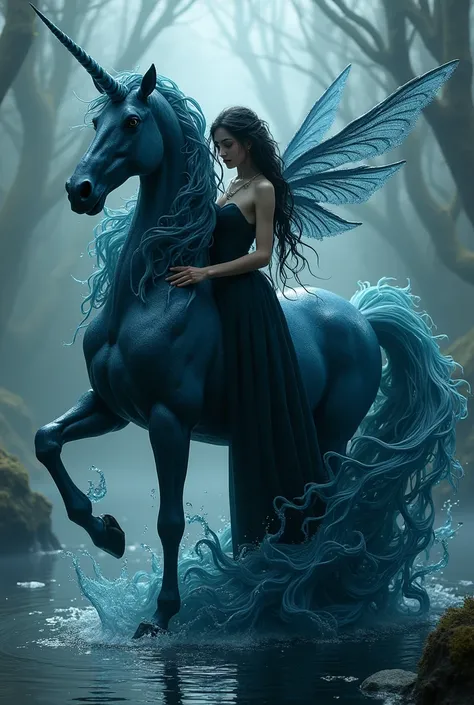 A dark unicorn made out of water, a beautiful dark fairy queen walking with the unicorn 