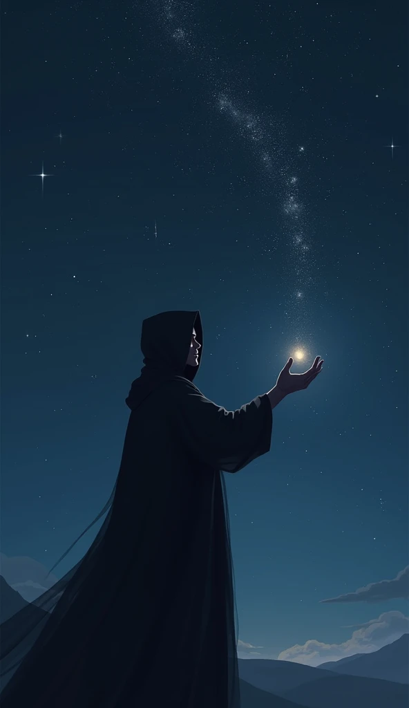 man with a hood，Spread out one hand，Palm up，Hand extension point ，Starry sky environment， facing the left in the direction of the human body