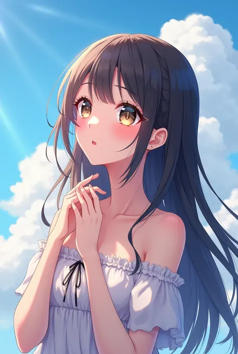 Seductively the most beautiful girl of all time 、A girl in anime style,  Beautiful Hair and Big Shining Eyes , Cute expression ,Good move、Beautiful hands、 looking up at the sky 