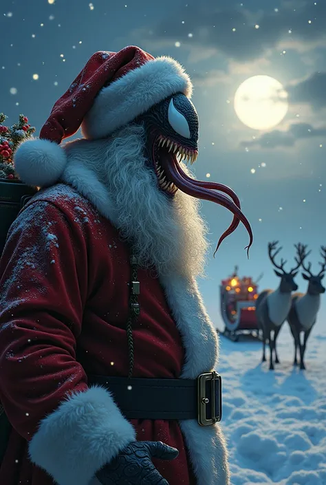  Ultra-realistic high definition image of Santa Claus fully possessed by Venom merging and creating a hybrid with the body, The head,  the teeth , The eyes and the long tongue stick out of Venom at the North Pole and in the background its sleigh filled wit...