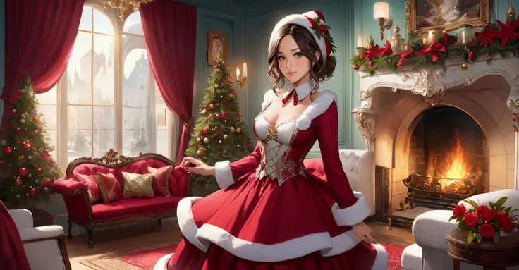 "A young, elegant woman envisioned as a youthful and cheerful Mrs. Claus, blending the features of Olivia Munn, Nathalie Emmanuel and Chloe Bennet. She has vibrant auburn hair styled beautifully and exudes joy, elegance, and festive warmth. The setting is ...