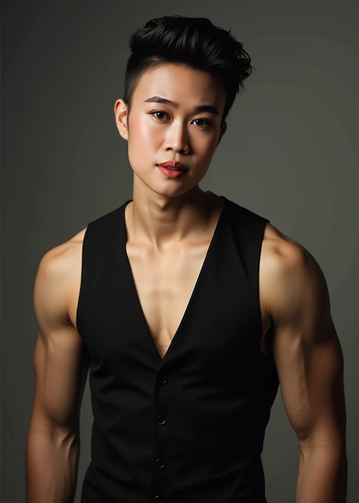 Asian male singer wearing black vest. He is 30 years old. He has a healthy and masculine physique. He looked straight into the camera