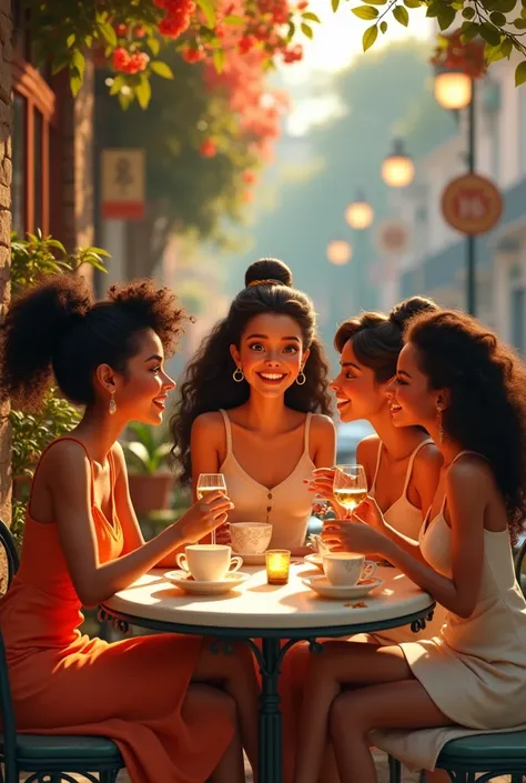 disney pixar style. four women, 30 years, , Nipo-Brasieliras, beautiful,  sitting at a cafe table ,  celebrating the end of the year