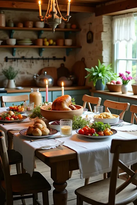 The rustic country-style dining table, set in a cozy countryside kitchen, exudes timeless charm, bathed in the soft, flickering glow of candlelight. The wooden table, with its natural grain, is draped in a simple white linen cloth with delicate lace trim, ...