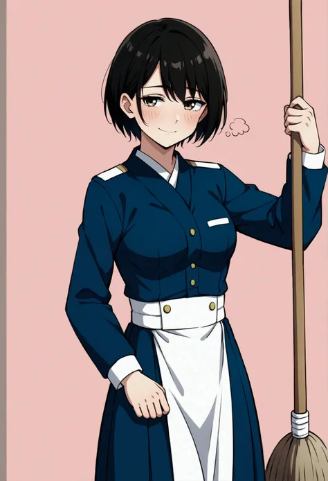 Beautiful japanese girl, short hair, janitor Uniform, tired, shy smile, school, mop