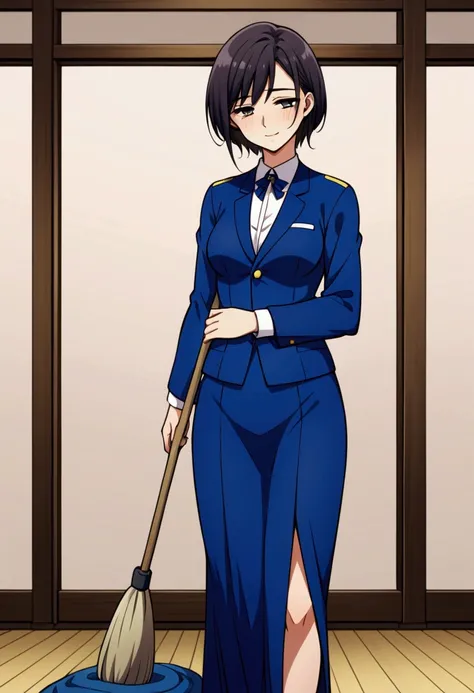 Beautiful japanese girl, short hair, janitor Uniform, tired, shy smile, school, mop